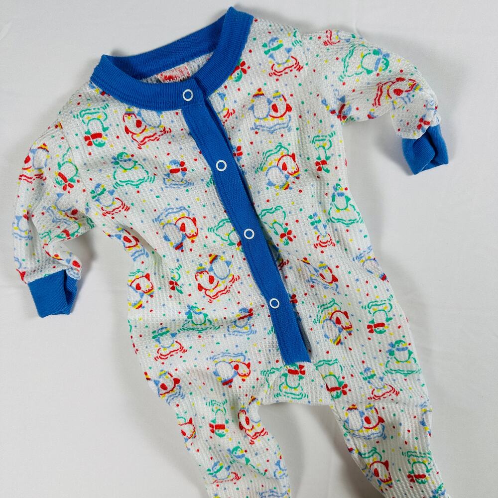 Vintage 1980s Playskool Baby Waffle Knit Winter Penguin Footie Pajamas Sz 6-9 mo